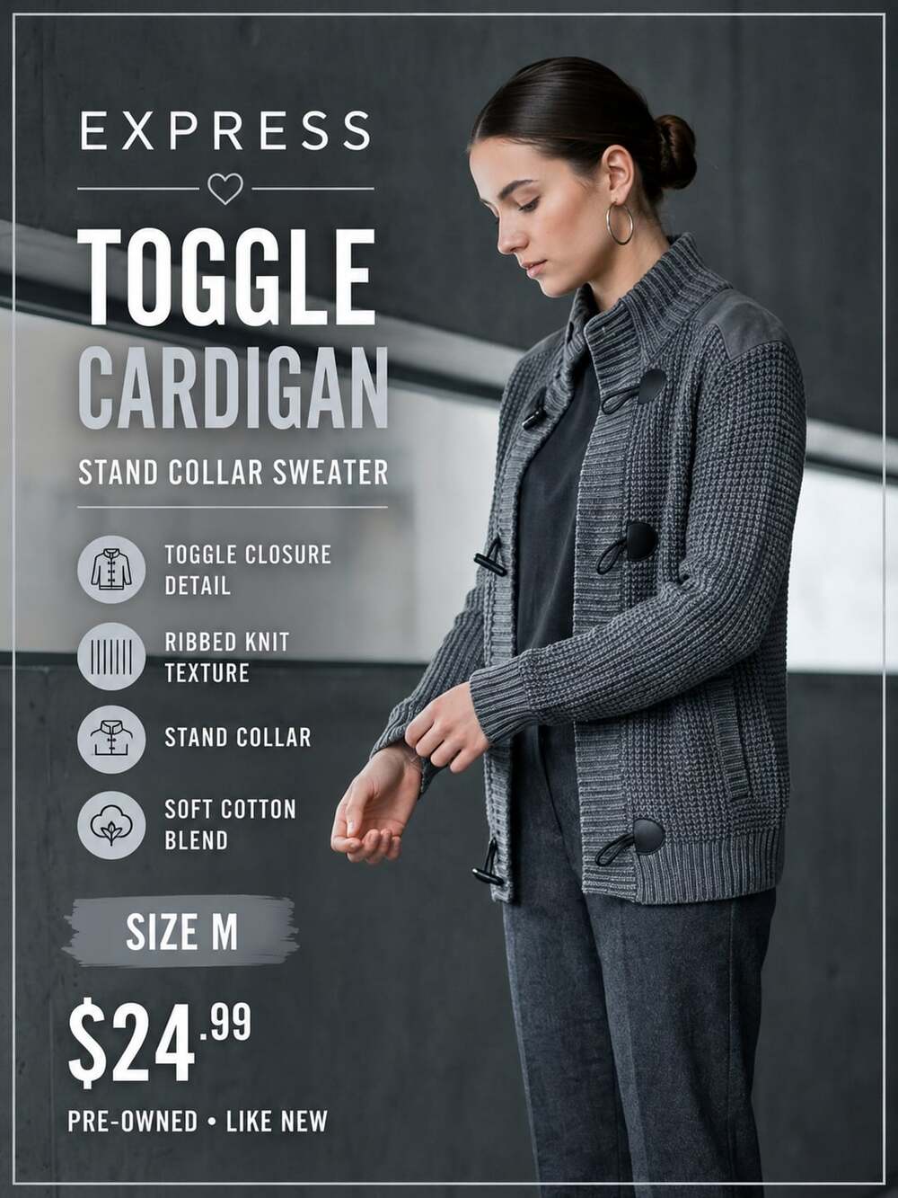 Express Women’s Gray Toggle Cardigan Sweater Stand Collar Size M